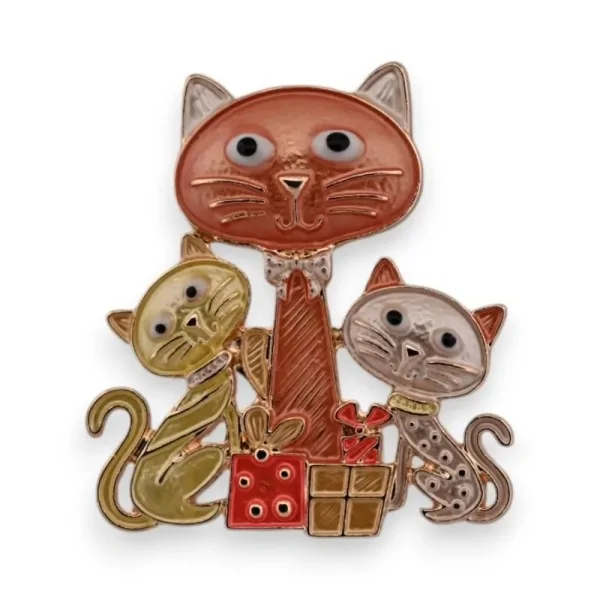 Broche Chat Famille Magnétique Dorée