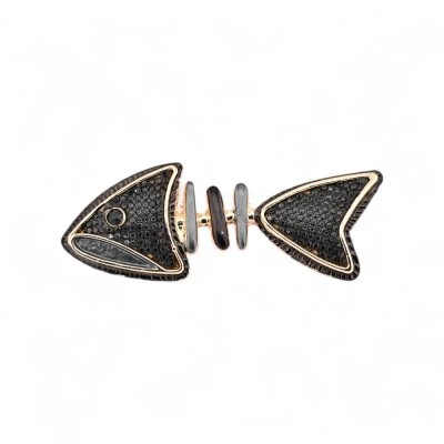 Goldene Fischgräten-Brosche mit schwarzem Strass, rosegoldfarbene Kontur, magnetisch, 7,5 cm