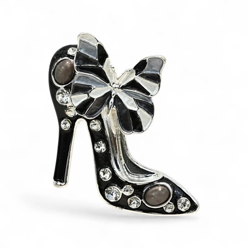 Broche Magnétique Escarpin Noir Nœud Strass - Bijou Fantaisie Femme