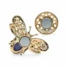 Blue butterfly brooch back view, gold-tone metal back with two round magnetic discs for a no-pin no-hole fastening on any fabric