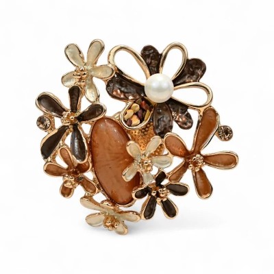Pregadeira bouquet vintage com cinco flores esmaltadas em castanho chocolate, bege madrepérola, caramelo e branco pérola, uma fl