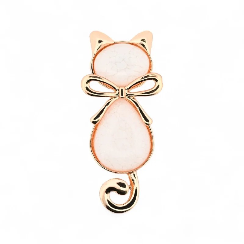 Broche Chat Rose Aimantée Nœud Doré - Bijou Félin Kawaii Pierre Naturelle