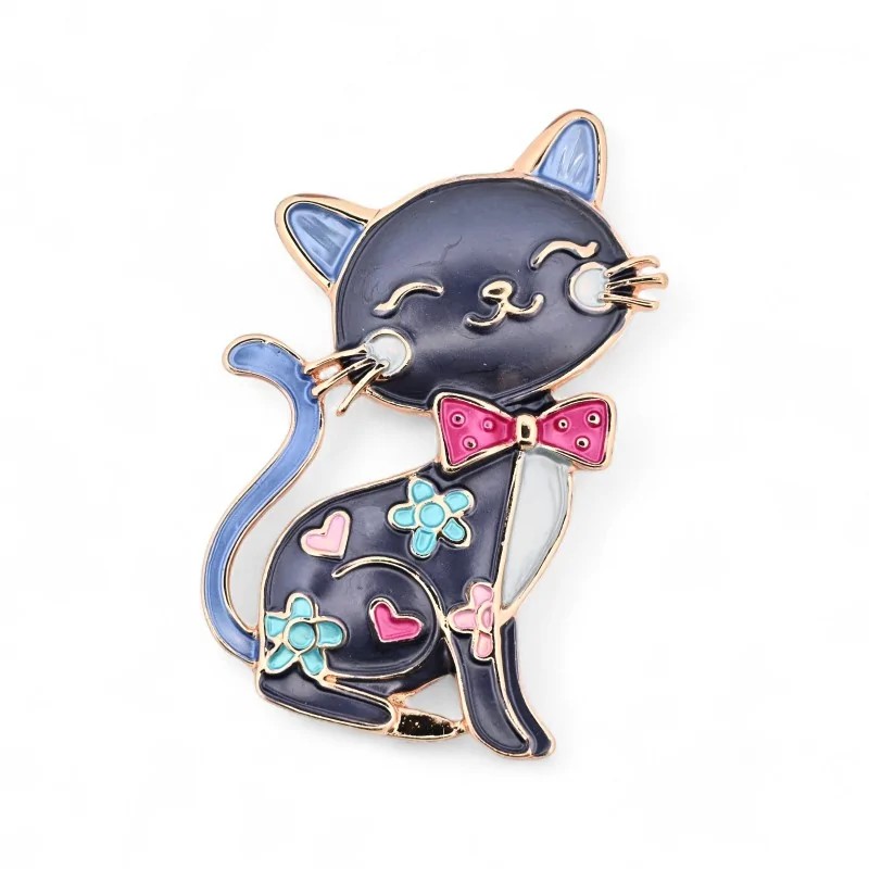 Broche Aimantée Chat Noir Nœud Rose - Bijou Félin Coloré Kawaii