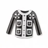 Black and white jacket brooch in silver-tone metal built on Parisian cardigan codes: black enamel body with white edges, white r