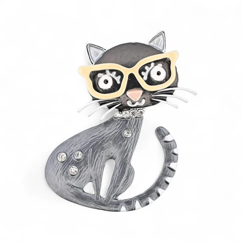 Broche Chat à Lunettes Aimantée - Bijou Félin Intellectuel Vintage Strass