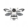 Vorderansicht der silbernen Bienenbrosche, schwarzer Email-Kopf mit silbernen Antennen, gestreifter Silber- und Schwarzkörper, v