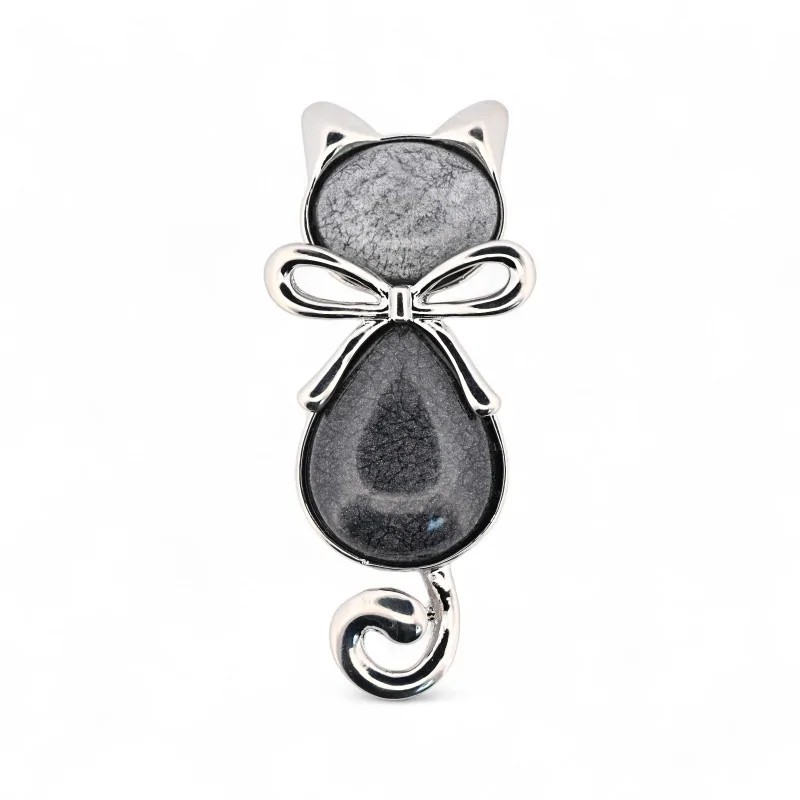 Broche Aimantée Chat Pierre Marbrée Grise Argentée