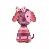 Vista frontal del broche cachorro kawaii, cara en esmalte ciruela con orejas caídas asimétricas rosa frambuesa y lila, naricita 