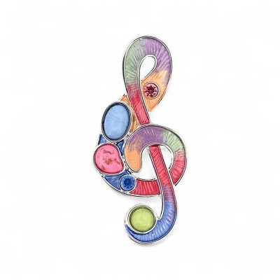 Vista frontal del broche clave de sol, esmalte guilloché arcoíris del menta al cobalto con contornos cloisonné plata, cinco pied