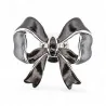 Black bow brooch front view, sculptural 3D ribbon in glossy gunmetal enamel with satin pleated effect, central knot band, two tr