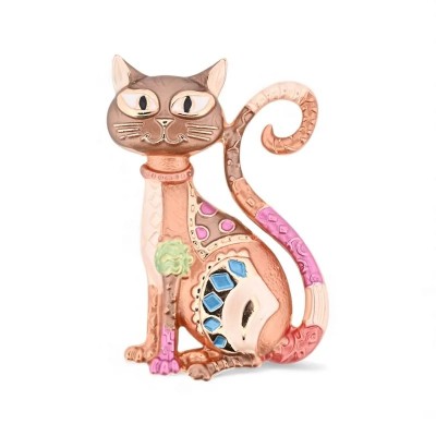 Boho cat brooch in rose gold with cream belly, turquoise diamonds, raspberry pink collar and tail, mint green flower on paw, mag