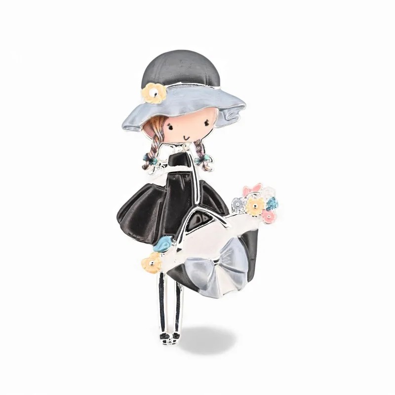 Broche Aimantée Fillette Vintage avec Chapeau - Bijou Rétro Élégant