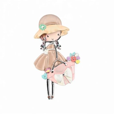 Vintage lady brooch with beige cloche hat and green flower, peach dress, long plaits, pink pearly handbag with white bow and mul