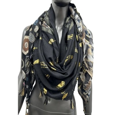 Black square patchwork scarf 140x140 cm with plain black panel scattered with gold-foil feathers, black-and-brown swirl panel, t