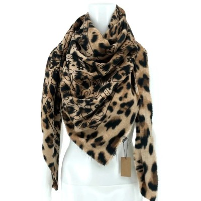 Camel and black leopard-print square fleece scarf 140 cm with paisley overprint detail: allover camel-and-black leopard motif wi