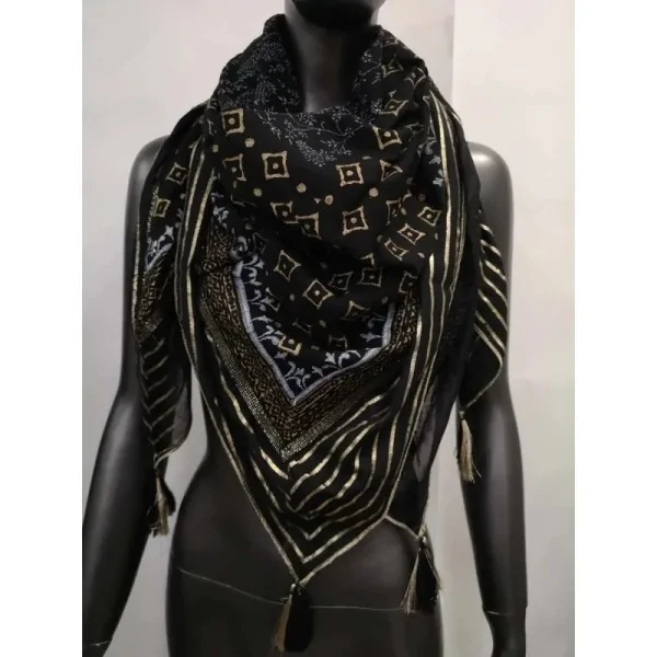 Foulard Carré Ethnique Noir et Doré