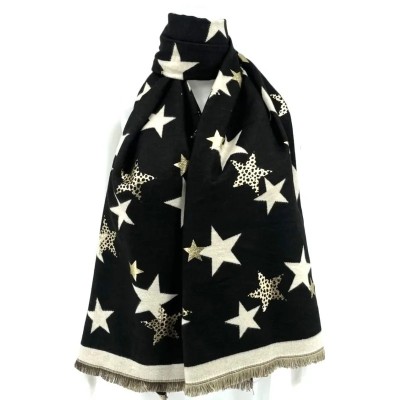 Sciarpa rettangolare nera pile 70x190 cm con stelle avorio, oro e leopardo: fondo nero opaco cosparso di tre dimensioni di stell