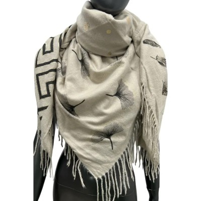 Maxi sciarpa coperta quadrata beige 140 cm con ginkgo, piume, pois oro e greca: base oatmeal-beige con ginkgo acquerello in grig