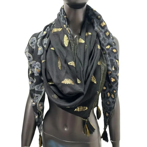 Foulard Carré Patchwork Tête de Mort et Léopard - Gris Noir Doré