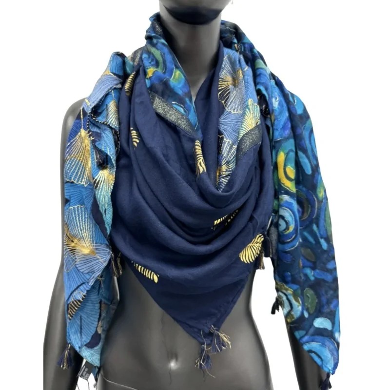 Foulard Carré Patchwork Ginkgo - Bleu et Détails Dorés