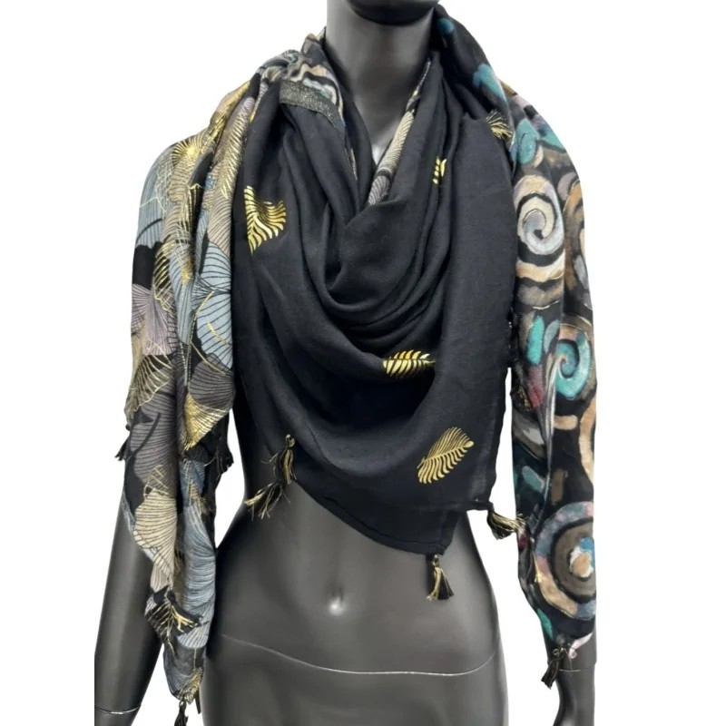 Foulard Carré noir Patchwork Ginkgo et Cercles