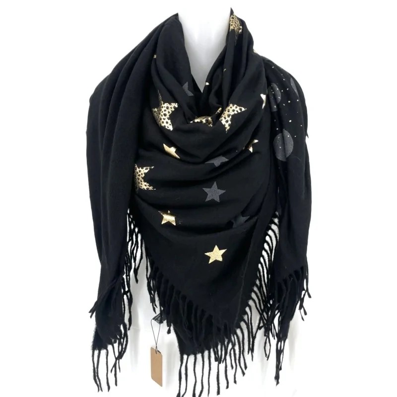 Écharpe Carrée Patchwork Noir Polaire Étoiles et Plumes Dorés