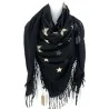Écharpe Carrée Patchwork Noir Polaire - Motifs Étoiles Plumes Dorés 140x140cm