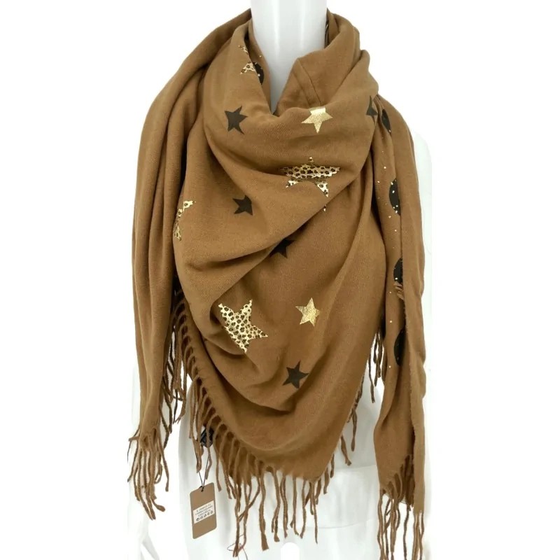 Écharpe Carrée Patchwork Camel Polaire Étoiles et Plumes Dorés