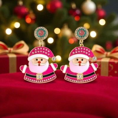 Par de pendientes Papá Noel en esmalte rosa magenta con borde pelo blanco, cinturón negro con hebilla dorada y strass, banda de 