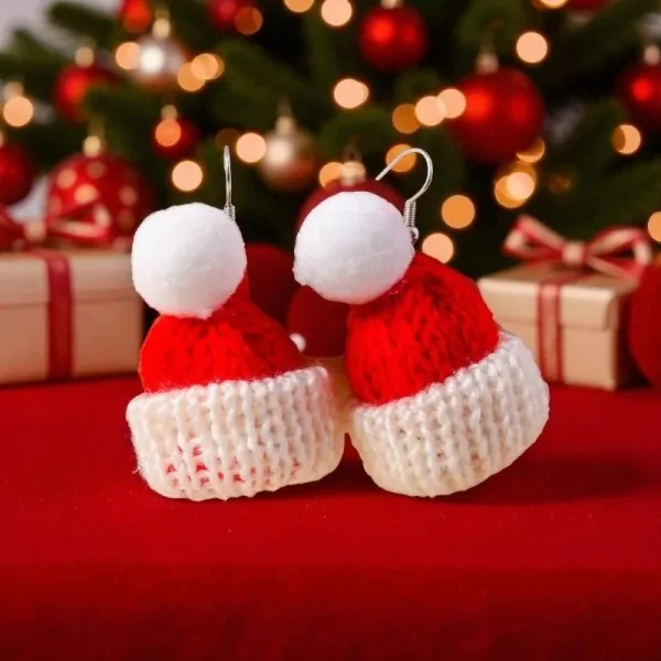 Boucles d'Oreilles Bonnet de Noël Tricot Rouge et Blanc