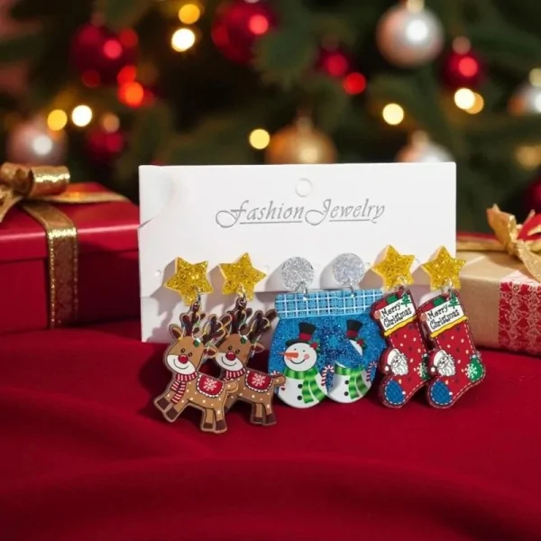 Lot de 3 Paires Boucles d'Oreilles Noël Fantaisie Résine