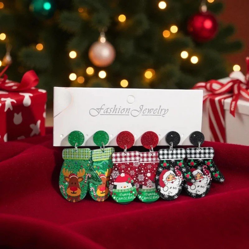 Lot de 3 Paires Boucles d'Oreilles Moufles de Noël