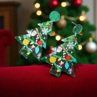 Pendientes árbol de Navidad en acrílico, silueta de abeto transparente verde con estampado de ramas, Papá Noel arriba, bastón, b