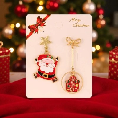 Brincos desemparelhados de Natal em cartão Merry Christmas: pino estrela dourada com Pai Natal a dançar em esmalte vermelho e br