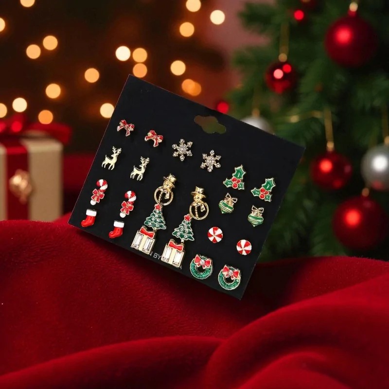 Lot de 12 Paires Boucles d'Oreilles de Noël