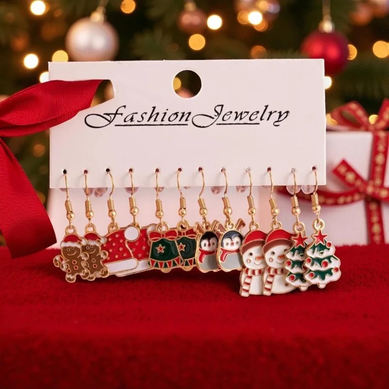 Lot de 6 Paires Boucles d'Oreilles Fantaisie de Noël