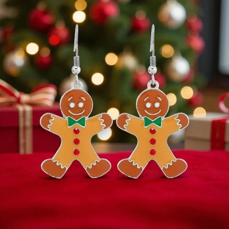 Boucles d'Oreilles Fantaisie Bonhommes Pain d'Épice Noël - Fermoir Crochet 4cm