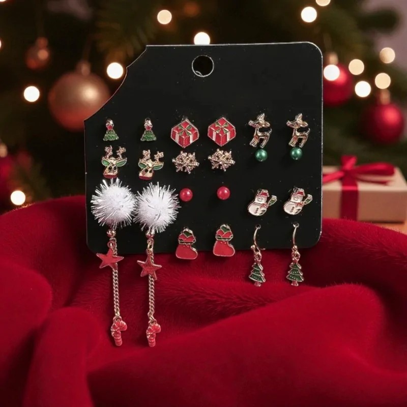 Lot de 12 Paires de Boucles d'Oreilles de Noël Fantaisie