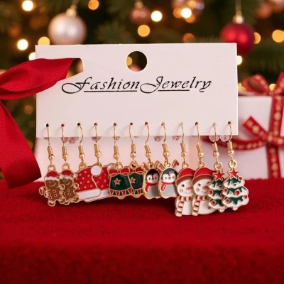 Set orecchini pendenti di Natale 6 paia su cartoncino Fashion Jewelry con nastro rosso: omino pan di zenzero con cappellino, cal