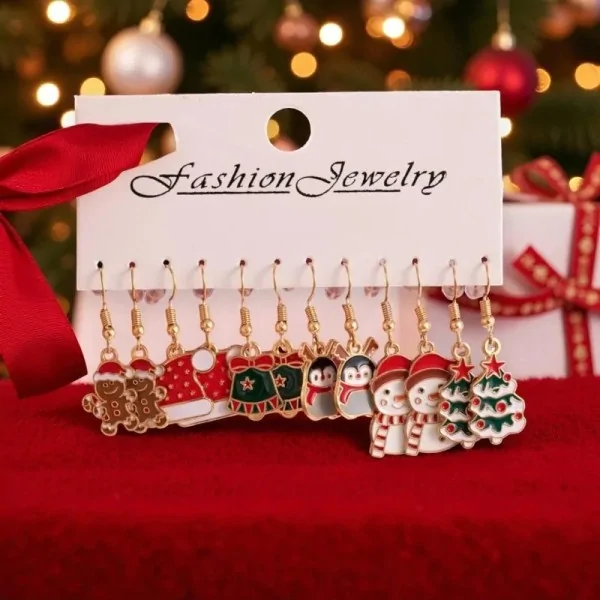 Lot de 6 Paires Boucles d'Oreilles Fantaisie de Noël