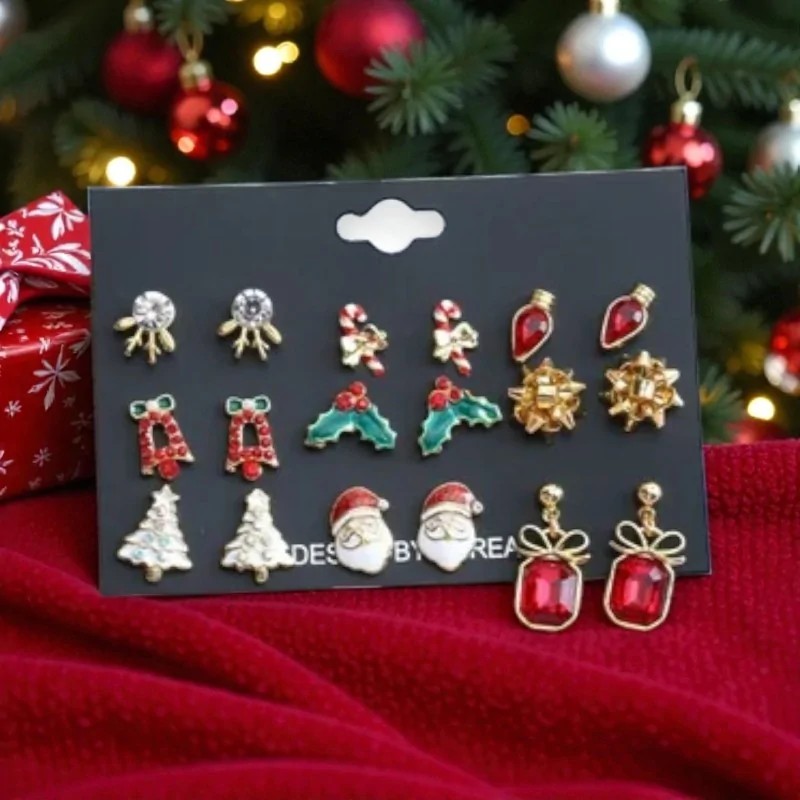 Lot de 9 Boucles d'Oreilles Fantaisie de Noël