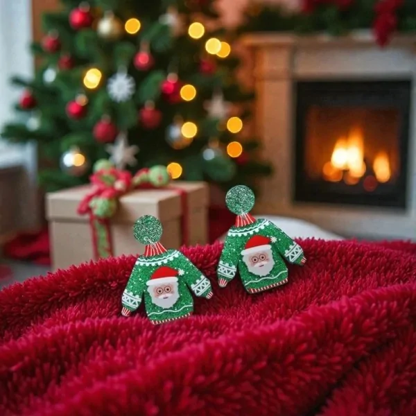 Boucles d'oreilles pull motif Père Noël en résine