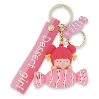 Porte-clés Dessert Girl au bonbon rose avec lanière assortie
