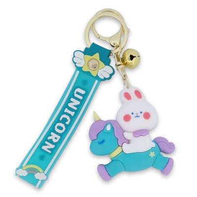 Porte-clés lapin blanc sur licorne turquoise avec lanière UNICORN