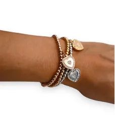 Bracelet Élastique 3 Rangs Breloques Cœur Strassées