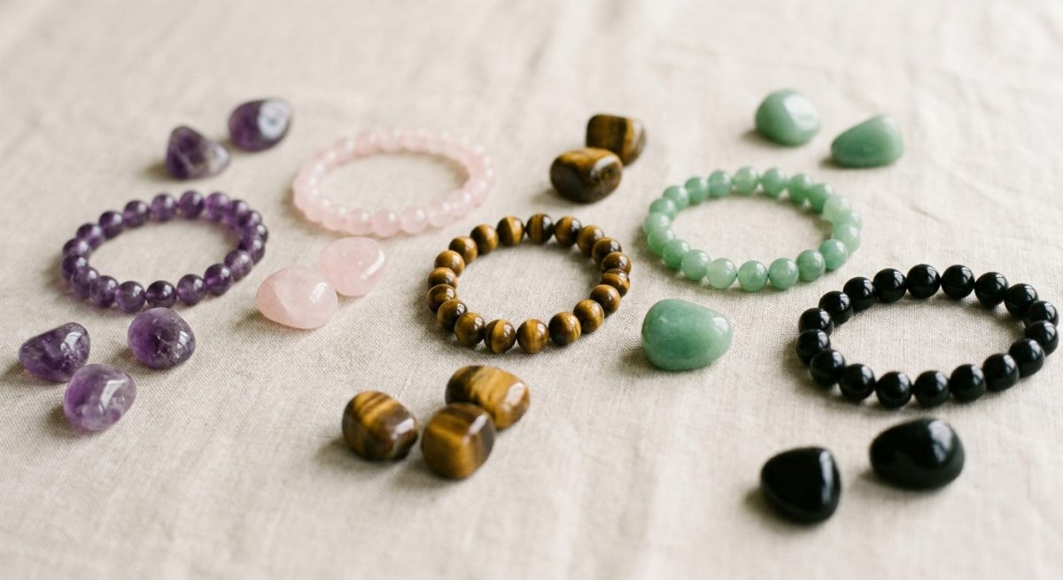 Bracelets et pierres roulées d'améthyste, quartz rose, œil de tigre, aventurine et obsidienne sur du lin