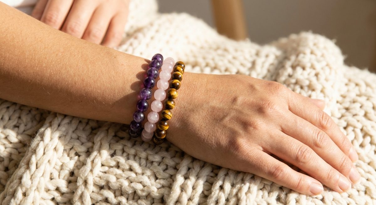 Poignet portant plusieurs bracelets de perles en pierres naturelles posé sur une maille crème