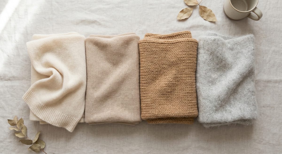 Quatre fibres chaudes pliees cote a cote : cachemire, merinos, laine et alpaga