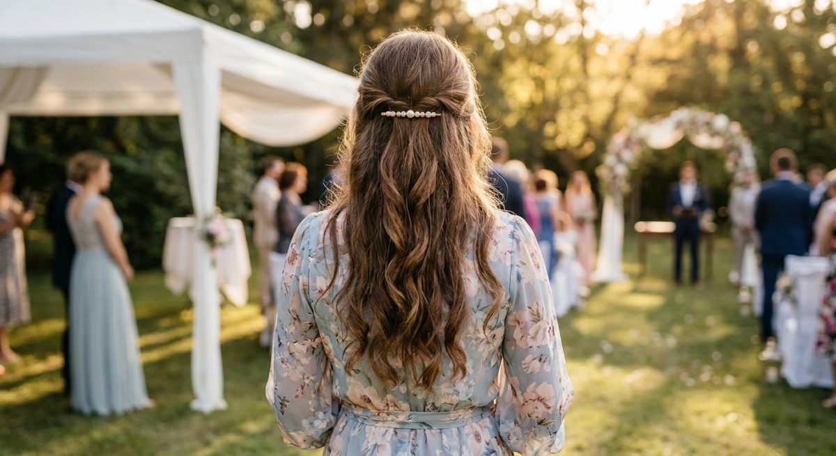 Invitée de mariage avec une coiffure semi-attachée ornée d'une pince à perles