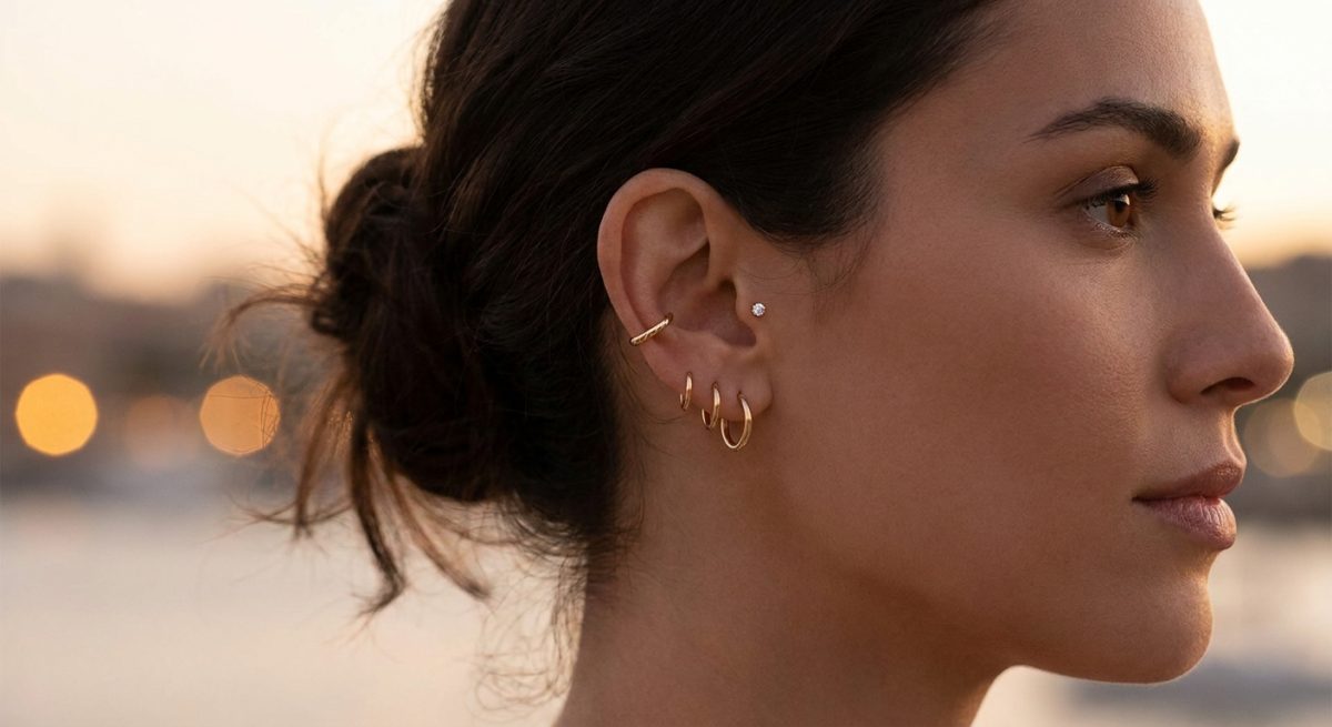Profil d'oreille avec ear cuff doré sur le cartilage, petits anneaux et clous assortis